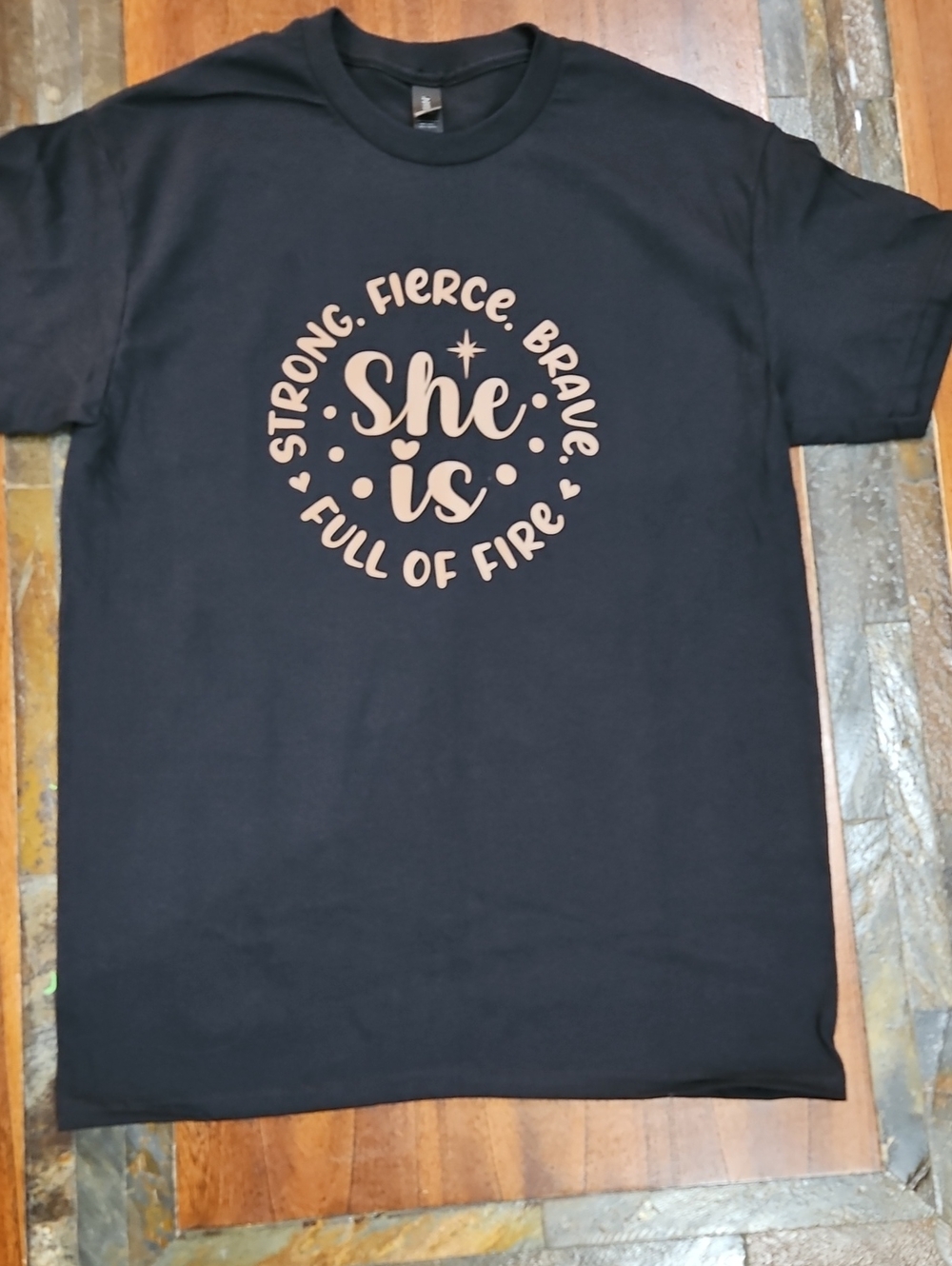 "She Is" Black Tshirt. Brown Lettering Size M.